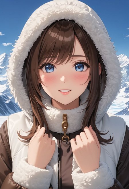((((white Oversized shearling down jacket)))), ((((white Oversized shearling puffer jacket)))), ((((white Oversized shearling winter clothes)))), ((((very very cold, in cold)))), ((((semi-realistic)))), ((((puffer hood)))), ((medium knee office skirt, pantyhose, boots)), ((((full body shot)))), ((sharp eyelid, eyeliner, eyelashes, beautiful detailed eyes, tsurime, long messy brown hair, blue eyes, perfect anatomy)), detailed fingers, solo, smile, standing, icefield, ((((masterpiece)))), ((((best quality)))), ((intricate details)), RAW, 8K UHD, (1girl), office lady, detailed face, beautiful face, charming, bonny, (((blush))), (((heavy breathing))), (((feels orgasm))), wind, (Thick padded collar:1.4), (TSH:1.4), (Thick padded cuffs:1.4)