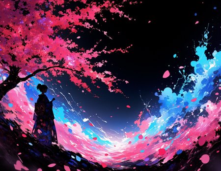 lyh_niji,  silhouette  art of cherry blossoms and girl in kimono
Spring Storm
shine black background, close up
smokey haze in floating
vibrant reflective holographic pink petal drawing in the style of ckhg, crystalz petals blue water is billowing in the air
luminous, dreamlike reality, light white red color
<lora:ral-crystalz:0.1>, <lora:ck-holographic-glitter-000015:0.5>