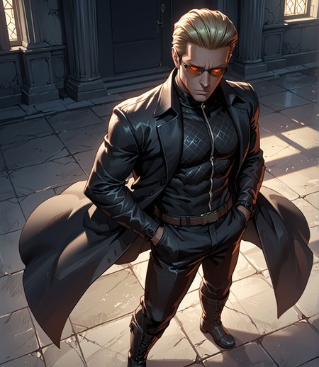 PonyScores7, source_anime, ah1, BREAK <lora:albertwesker-guy-PONYv1:0.8> albertwesker, albert wesker, 1boy, blonde, black gloves, (sunglasses:1.3), belt, black coat, black pants, looking at viewer, toned, athletic, fit, slicked back hair, black turtleneck, zipper, mature male, short hair, black boots, (cloning mastermind, dressed in a lab coat with a belt full of vials containing genetic material), (A vampiress lurking in the shadows of a gothic castle, her eyes glowing red as she hunts for prey,), ((Sad, Feeling or showing sorrow; unhappy expression)), (focused, intense glare), (reddish orange eyes, slit pupils), (angular face, sharp_featured face), handsome, charming, alluring, BREAK <lora:xl_more_art-full_v1:0.2>, <lora:shinyskin2:0.2> glistening skin, <lora:aesthetic_anime_v1s:0.2>, <lora:Expressive_H:0.2> Expressiveh, <lora:hairdetailpxl:0.2> hairdetailpxl, <lora:EpicF4nta5yXL:0.2>, <lora:detailxl:0.2> detailxl, <lora:Fant5yP0ny:0.2>, best quality, amazing quality, best aesthetic, absurdres, <lora:expressive eyes:0.2> expressive eyes, <lora:eyedetailpxl:0.2> eyedetailpxl, illustration, Volumetric_Lighting, ultra-detailed, very aesthetic, intricate details, 8k, masterpiece, best_quality, BREAK (Aerial view medium Close shot (focus on waist)), BREAK <lora:Eyes_High_Definition:0.3> EyesHD, Stable_Yogis_PDXL_Positives, AS-Adult, <lora:Complicated fantasy portrait - XL Pony V2.0:0.4>, bad-hands-5, AS-MidAged,