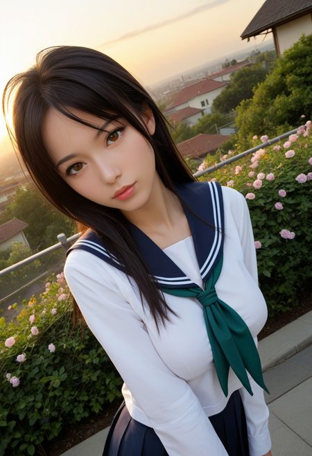 score_9, score_8_up, score_7_up, score_6_up, 
photo, 2000s nostalgia, cinematic, flowers background, god rays, (1girl, wakoto,black hair,long hair,brown eyes, lips, school uniform, serafuku, white shirt, long sleeves, blue sailor collar, blue long skirt, green neckerchief, large breasts),
upper body, face focus, dynamic angle,cinematic angle,dutch angle,looking at viewer,standing split, leg up,rooftop,fence,sunset,, masterpiece,best quality, very aesthetic, absurdres, ultra detailed, high resolution, 4k, extremely detailed CG,Expressiveh