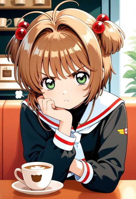1girl, sensitive, kinomoto sakura, relaxing in a cafe, angry, looking at viewer, best quality, good quality