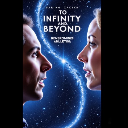 documentary film, text:"To Infinity and Beyond, random author title, vertical image of infinity with the cosmos in it, at left side is a close up face of man starring upwards in awe, on the right is a  is a close up face of  woman starring upwards in awe. their faces highlighted by the cosmos. james web space telescope, spiral galaxy's,