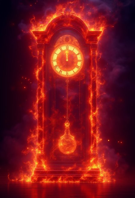 An antique grandfather clock completely engulfed in flames, inferno, blazing, concept art, masterpiece, perfect lighting, purple flames, 4k, absurdres,