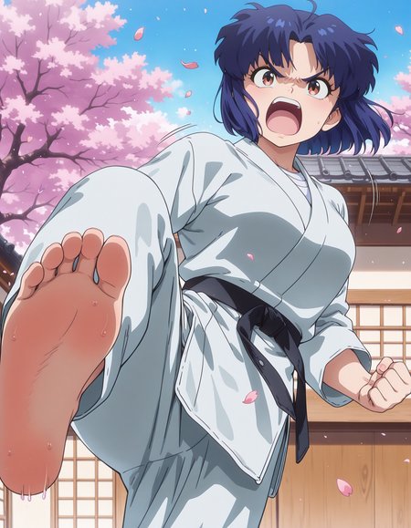 masterpiece, best quality, absurdes, 1girl, solo, <lora:ranma_½_il:0.8> akane, blue hair, short hair, parted bangs, brown eyes, dougi, karate uniform, karate gi, black belt, large breasts, barefoot, soles, wrinkled soles, callused soles, looking at viewer, angry, open mouth, standing on one leg, stomp, from below, pov, dojo, outdoors, cherry blossoms, petals, windy, motion lines,  <lora:GLSHS:0.8> shslg, anime coloring