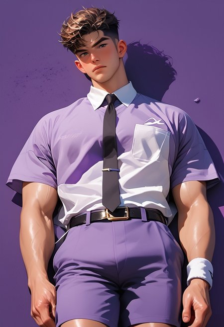 score_9, score_8_up, score_7_up,male focus, aaSKTm1n1, (B0Y1H3), (male),(solo), rosy cheeks, source_anime,rating_explicit,(best quality, highres,masterpiece), dynamic shot, arrogant,(open eyes), moan,black eyes,(undercut brown hair:1.3), (pubes), (lying on back on tennis court:1.5),(leaning back), necktie, collared shirt, (pulled off purple shorts:1.2),(look down at viewer:1.8),perfect face, extra details, (purple background:1.4),realistic 3d style, body tilt,RAW photo, photorealistic, film grain, candid camera, color graded cinematic, (hunter eyes), macro shot, skin pores, imperfections, natural, looking at viewer, hairy thighs, angry, full body, (purple socks), (from above:1.2), perfect hands,