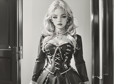 score_9, score_8_up, score_7_up, character portrait, angled, 1girl, pale skin, medium breasts, <lora:sm0k3XLP:1>, <lora:goth_clothes:1>, lace-up cords, corset, black combat boots, Black hair, white highlights, <lora:Shiki:1>, <lora:Potat_dark_ink_v1_monochrome-RS24:1> monochrome,