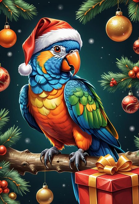 close-up, 8k, HDR, RGB, oil paint, watercolor, Detailed illustration of a colorful cute parrot sitting on a Christmas tree, with orange eyes and wearing a Santa hat next to gifts, Christmas theme, high quality, t-shirt design, vector, cardboard, outline , splash of fantasy swirls, modern t-shirt design, in Studio Ghibli style,