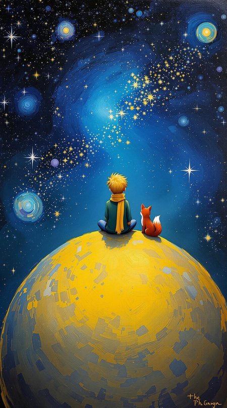 An oill painting shows the back of The Little Prince, sit on the top of a big yellow planet, wearing a long yellow scarf, green cloth, Blonde short hair, and a fox, universe, background is the star night from the painting Van Gogh, oil brush art sref