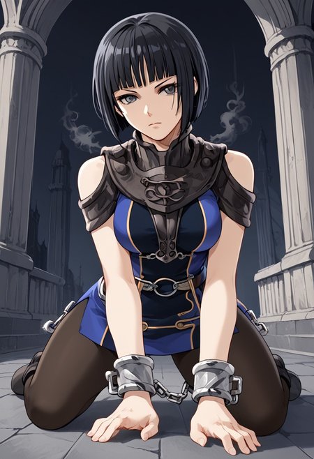 score_9,score_8_up,score_7_up,source_anime,5_figner,2d_animation,game cg,BREAK,1girl,solo,
Millennia,short hair,bob cut,black hair,lunt bangs,knee boots,chain,pantyhose,belt,short dress,bluedress,expressionless,weapon,armor,cuffs,handcuffs,all fours, put both hands in front,pov,
medium breast,
indoor,underground Palace,black smoke,
masterpiece,best qualit,ultra-detailed,illustration,an extremely delicate and beautiful,beautiful detailed eyes,unity 8k wallpaper,high resolution,anime CG,official_art,