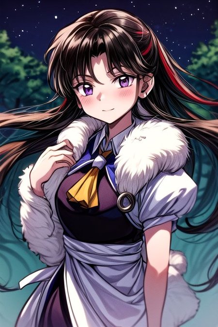 masterpiece,  best quality 1girl Setsun4 solo long hair,  (night time) forest background black hair very long hair purple eyes multicolored hair armor (fur trim) (medium body),<lora:EMS-179-EMS:0.800000>,<lora:EMS-293862-EMS:0.800000> bow, hair_bow, hair_tubes, red_bow, brown_hair, long_hair, bangs, ascot, frilled_bow, yellow_ascot, blush, smile, hair_between_eyes, athletic, armor, miko