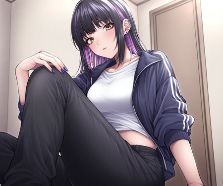masterpiece, best quality, amazing quality, 1girl, solo, shirt, jacket, pants, looking at viewer, two-tone hair, black hair, purple hair, mascara, ear piercing, nail polish,   sfw, <lora:Yawano Yawa ILL-v2:1> yawano_yawa