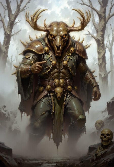 Dark-Fantasy-Cardd-V.2.0 style dark fantasy oil painting with detailed eyes that features a massive undead monster with features of multiple animals combined intro him. The creatures head is a massive skull the resambles a sabertooth tiger, and out his skull grow massive antlers and multiple horns, eyes of the creatue are glowing yellow. Thre creatures body is covered in multiple lesser animal skulls, some of them also have yellow eyes and they are staring in all directions. The creature is wearing a massive cloak of leaves and vines, that connects with white fog cloth that emits a massive creeping fog that covers majority of the ground. Most of mosnter body is covered with leaves, that form massive cloak, only his hands and and massive skull are visible outside of the cloack The creature has a long, massive bone finger and is pointing intro viewers direction.