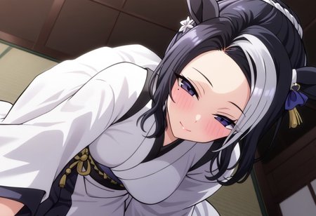 18 years old ,women,solo,1girl,nsfw,
rmnsd, horse girl, multicolored hair, streaked hair, ear ornament, mole under eye saimin.il,
saimin, tsubaki,  white clothes, white kimono, 
clothed girl, kimono,