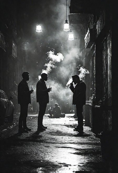cinematic photo dark photo of a dangerous group of men smoking, drinking, and breaking bottles, on a dark city street, <lora:Into_Darkness:1>, 35mm cinematic, film, bokeh,  professional, 4k, highly detailed, 35mm photograph, film, bokeh,  professional, 4k, highly detailed