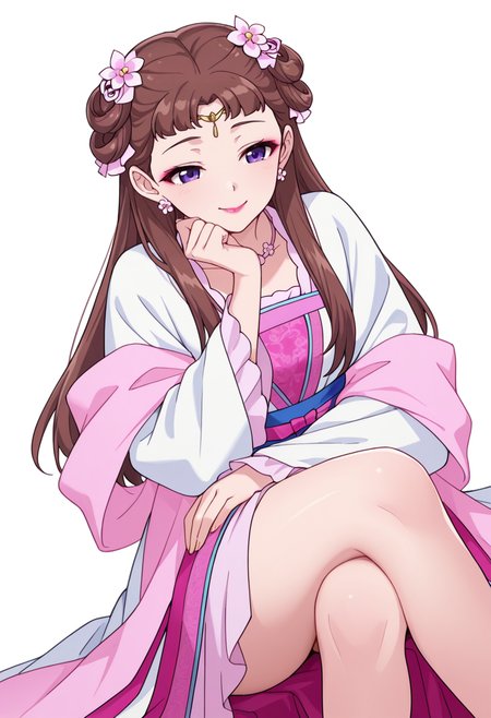 Smooth Quality,masterpiece,very intricate, high quality details, ultra realistic, high detailed skin,detailed enviorement,absurdres,
partially undressed, 
 <lora:Lishu_CNR:0.8> lishu_cnr,brown hair, long hair, purple eyes, makeup, lipstick, lishu_pink_cnr,hanfu, dress, long sleeves, sash, shawl, circlet, flower earrings, necklace,hair flower, hair rings, hair bun,, simple background, white background, dutch angle,
sitting pose, legs crossed, one hand resting on chin, playful smile, relaxed shoulders,  ,torogao,