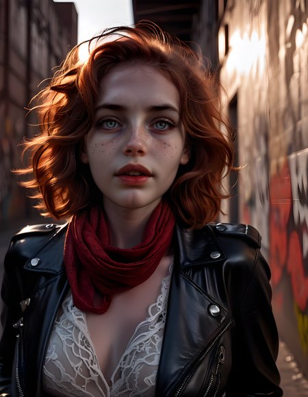 In a gritty, noir-inspired cityscape at twilight, the camera is positioned from a low angle, capturing a close-up of M4R150L - a striking woman with auburn hair cascading in loose waves around her shoulders, framing her face. Her eyes, deep brown and full of intrigue, are locked onto the viewer's, while her lips part slightly in a seductive, enigmatic smile. The harsh, directional light from the setting sun casts dramatic shadows across her freckled face and high cheekbones, emphasizing the sensual curve of her full, crimson lips. Wearing a unique outfit that blends elements of vintage glamour with modern edge - a black leather jacket adorned with silver studs, a lace-trimmed white blouse, and a red scarf tied around her neck - she exudes an air of mystery and allure. Her breasts are subtly accentuated by the low cut of her jacket, and her long, slender fingers playfully trace the edge of the scarf as she leans against a rusty, graffiti-covered alley wall, projecting an aura of self-assuredness and confidence that leaves the viewer captivated.