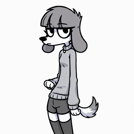 1girl, gray hair, short hair, furry, anthro dog, dog ears, dog tail,  white fur, ((grey sweater, black shorts, black thighhighs))