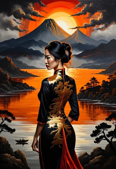 Silhouette Art, breathtaking detailed, masterpiece, awe-inspiring, radiant, magnificent. (all dark hues and fine vibrant orange glowing smoldering accent and shiny silver color scheme:1.02). glossy. stunning oriental woman, long hair, gold and red cheongsam
score_9, score_8_up, score_8_up, ((Cinematic composition)),((masterpiece)), (resplendent lighting), absurdres, very fine detail, 8k. Deep rich colours.
Thick oil paint and ink. a traditional Chinese landscape with mountains, a lake, stormy skies, pine trees and palette knife textures, sunset through the clouds, modern art. Volcanoes erupting in the distance. Citizens look on in horror. 
<lora:sdxl_lightning_8step_lora.safetensors:1.0>, <lora:add detail xl.safetensors:1.5>