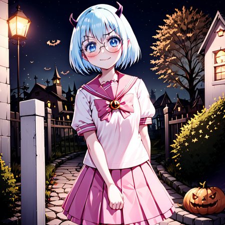 best quality, masterpiece, detailed, Crocell Kerori, smile, closed mouth, light blush, happy, light blue hair, short hair, blue eyes, horns, round eyewear, colored eyelashes, KeroriSchoolUniform, school uniform, serafuku, pink skirt, bow, standing, looking at the viewer, halloween, outdoors, night.