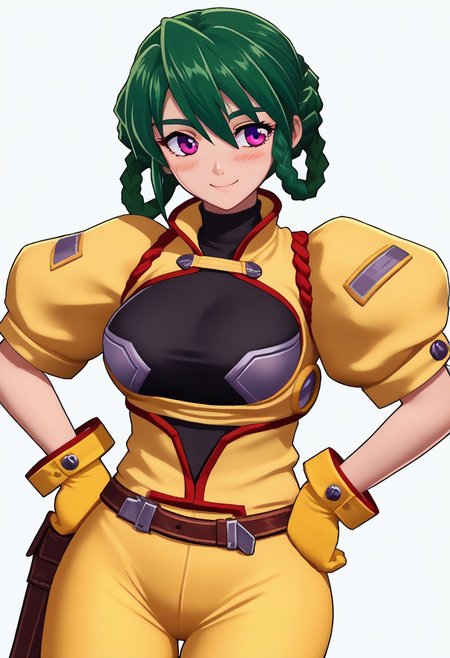 score_9, score_8_up, score_7_up, source_anime, 1girl, solo, blush, smile, hands on hips <lora:zs_FEWarriorsPortraitsXL:1> fewarriorsportraits, portrait, white background,   <lora:minalikering-pdxl-nvwls-v1-000005:1> srtMna, green hair, short hair, purple eyes, braid, hair rings, yellow bodysuit, short sleeves, yellow gloves, yellow leggings, big breasts
