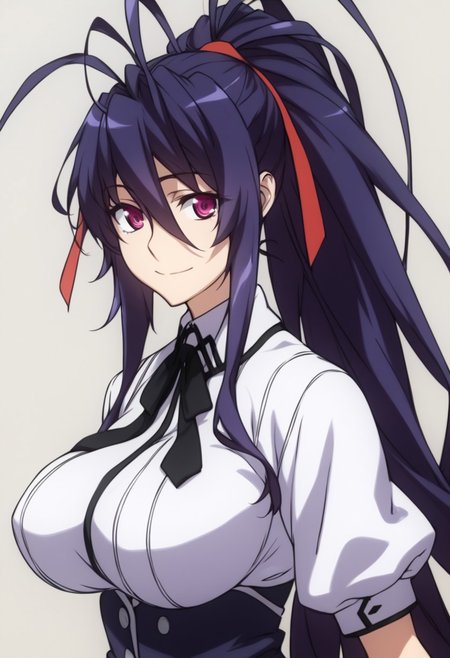 score_9, score_8_up, score_7_up,  
hdxdh3r0, hdxdh3r0styl3, 
1girl, solo, long hair, breasts, looking at viewer, smile, large breasts, simple background, black hair, ribbon, hair between eyes, very long hair, school uniform, purple eyes, hair ribbon, upper body, ponytail, purple hair,  antenna hair, himejima akeno