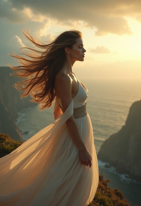 A stunning woman with flowing, windswept hair stands at the edge of a cliff, her expression fierce yet graceful. The sunlight glints off her flawless skin as she gazes into the distance, with vibrant storm clouds swirling behind her. Her elegant dress billows in the wind, blending with the dramatic sky. The scene captures her natural beauty in sharp, photorealistic detail, while the dynamic movement of her dress and the wild backdrop convey a sense of power and freedom, as if she’s on the verge of something monumental