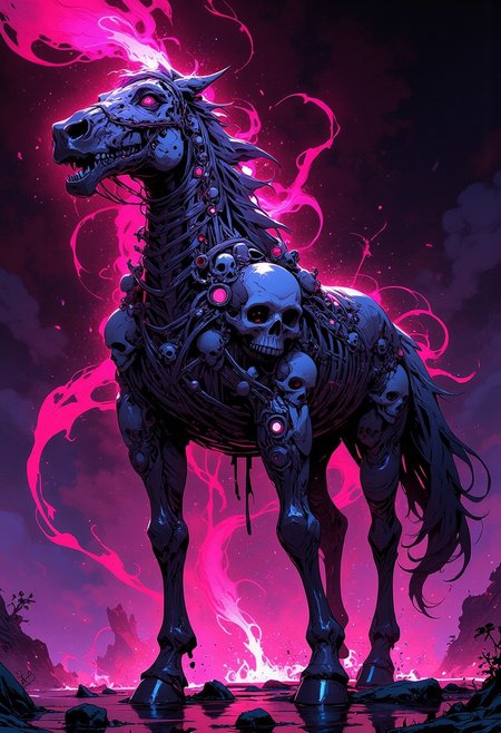 Create an image in inkpunk style, An undead skeletal horse made of human faces in anguish and skulls overalldetail> artistic aesthetics, excellent composition masterpiece, award winning,midjourneyv6.1glowing an ominous magenta color.
Niji Stan Katayama style.