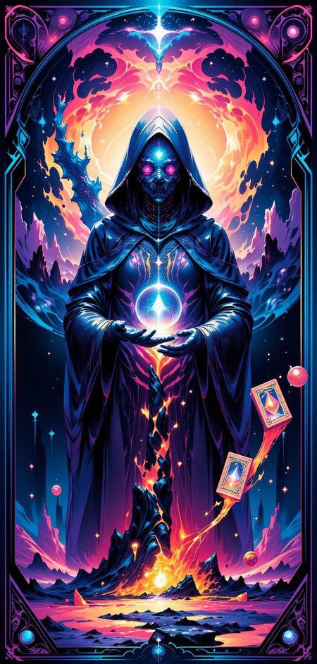 "A stylized Tarot card titled 'The Quantum Seer,' featuring a mystical figure cloaked in a robe that ripples like liquid metal, standing at the center of a swirling vortex of neon light and fractal patterns. The Seerâs face is obscured by a mask that shifts between states of matter, from solid to liquid to vapor, reflecting the infinite possibilities of the quantum realm. In one hand, the Seer holds a glowing crystal orb that contains a miniature, ever-changing galaxy, and in the other, a set of floating, holographic Tarot cards that flicker between realities. The background is a surreal blend of dreamlike landscapes and abstract, technetic shapes, creating a sense of both mystery and infinite potential. The cardâs border is adorned with intricate, geometric designs that pulse with a soft, otherworldly glow, in hues of deep blues and vibrant purples."
<lora:abstract_render_flux:0.4>,<lora:Painted_World_Flux:0.8>,<lora:Dreamwave_FLUX:0.6>,<lora:dreamlands_flux:0.6>,