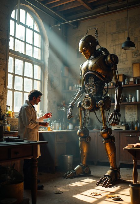 photo of  a scientist conducting experiments in a lab,the background is a  Clockwork Robot Inventor's Workshop: Inside a cluttered workshop filled with gears, cogs, and half-finished inventions, a brilliant inventor works on a massive, clockwork robot. The robot, built from brass and steel, stands tall in the center of the room, its internal mechanisms exposed, ticking and whirring with life. The walls of the workshop are lined with blueprints, sketches, and tools, and the air is thick with the smell of oil and steam. Sunlight streams through the dusty windows, casting a warm glow on the scene. The atmosphere is one of creativity and genius, as the inventor brings their mechanical creation to life.,