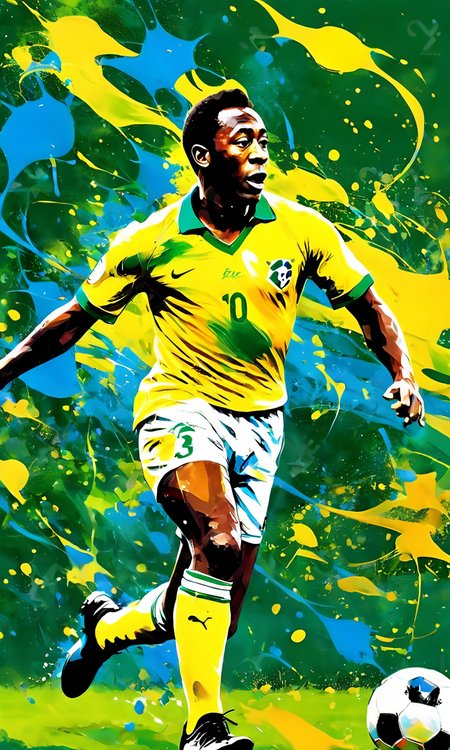 a portrait of Pele playing soccer, paintsplashsdxl, <lora:paintsplashsdxl:1>, vibrant color, best quality, masterpiece,  yellow and blue paint,  brazil, action shot,