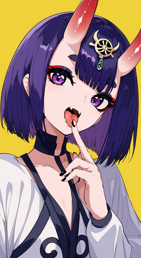 score_9,score_8_up,score_7_up,score_6_up,1girl,solo,tongue,shuten douji \(fate\),purple eyes,tongue out,bangs,looking at viewer,makeup,black nails,short hair,purple hair,fang,portrait,nail polish,bob cut,eyeliner,close-up,oni horns,yellow background,eyeshadow,eyelashes,short eyebrows,fingernails,blunt bangs,open mouth,finger to mouth,thick eyebrows,<lora:tpony-style-v4:0.8>,style_4,