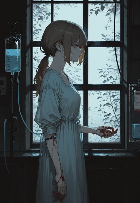 solo, detailed, ethereal, contemplative, (from side:0.7), 
inside, window, 

standing,  (1infusion_bag, 1infusion_stand, 1infusion_cable, 1needle in arm:1.05), blood on hands, 

1girl, brown hair, neat hair, low ponytail, bright blue patient dress, 

masterpiece, best quality, amazing quality, very aesthetic, absurdres, 