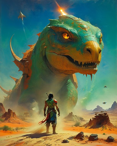 John Carter Warlord of Mars, sand, (spaceship:1.5), pulp magazine, intense color, planet in the sky, shine, reflections, dragon, blue, green, orange, scarlet, <lora:add-detail-xl:0.75> <lora:xl_more_art-full_v1:0.5>