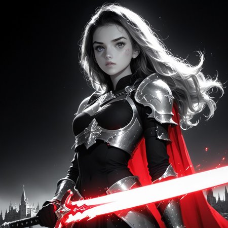 masterpiece, best quality, highres, realistic, best quality,
score_9, score_8_up, score_7_up, 
BREAK,
1 girl, (wearing leather armour:1.2), knight, ((holding long sword:1.4)),
BREAK,
1 girl, castle, battlefield, ((wearing leather armour, warrior princess, stand with a sword, beaten, ripped leather)), 19 years old, long hair, windswept cape, brown wavy hair, middle breasts, slim waist, curvy body, cute, (long sword, small breasts), close-up, amazing, very aesthetic, pretty girl, determined, 
BREAK,
(boob focus, head and shoulder photography:1.1), (portrait photography:0.7), dark background, dark light, shallow depth of field, photographed on a Sony a9 II, 50mm wide angle lens, sharp focus, photo in phst artstyle, boris vallejo inspired, backlit, (((selective color red, colorvsgrey, monochrome photography, red cape, selectiveColorStyle))), (1colorpop, dramatic lighting), horror theme, freckles, mole, dirty skin,