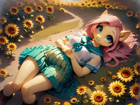 score_9,score_8_up,score_7_up,anthro pony:1.1,fluttershy,solo,1girl,medium breasts,outdoor,MegaFluffyPony,fluffy,<lora:detailed_hands:1>,<lora:Pony_DetailV2.0:1>,zPDXL2,<lora:Realistic000003_1_2.5DAnime_0.05_Merge1:0.5>,<lora:MegaFluffyPony:0.5>,<lora:Anime Summer Days 2 Style SDXL_LoRA_Pony Diffusion V6 XL:0.5>,sunflower field,look at you,(blue sky:0.4),school uniform,wallpaper,top view angle,film perspective,<lora:_sdxl-transchool-pony:1>,transchool,(flying petals:0.3),meticulous eyes,lying relaxed,