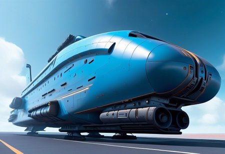 sci-fi, Futuristic, aJed-Rst, Rusty  spaceport,  (((beautiful, hyper realistic, high quality, highly detailed))), sleek blue neotech spacecraft (freighter), tarmac,
