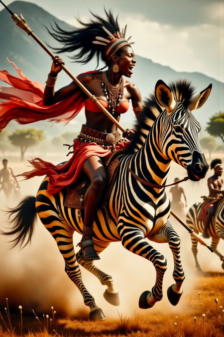Real photograph of an African warrior woman, black skin, Nubian, beautiful, breathtaking, athletic, (small breasts:1.4), earrings, necklace, wrist bands, human feet wearing sandals, dangerous, fierce, determined, battle hardened, mounted atop an angry and ferocious zebra, charging into battle with lowered spear, shield and spear bearing war decorations, fierce angry painted face full of rage, yelling fierce war cries, African Savannah with mount Kilimanjaro in the background, intricate details, masterpiece, elegant, complex patterns, (full body shot from head to toe:1.6), environmental wide angle, dramatic and dynamic morning lighting, intense atmosphere,  <BaroqueColorful:0.72>