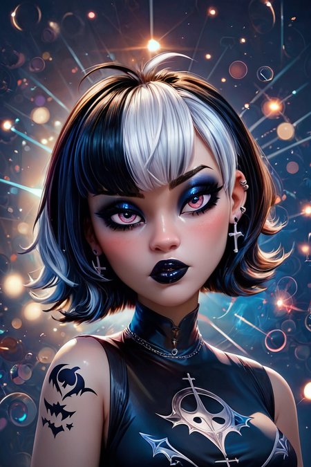 score_9, score_8_up, score_8, medium breasts, (curvy), cute, eyelashes,       BREAK, ,   ,,, <lora:GothMavis_PDXL:0.8>, zzGothMavis, black hair, white hair, makeup, short hair, black lips, multicolored hair, two-tone hair, ear piercing, eyeshadow, gothic, shirt, lipstick, tattoo, turtleneck, cross ,,, , BREAK,  (ultra realistic,32k, masterpiece:1.2),(high detailed skin:1.1),( high quality:1.1), curvy, head tilt, hearts, blush, lips, closed mouth, curvy, head tilt, shiny clothes, (upper body), looking at viewer, bokeh, luminescent background, ,,, embedding:zPDXL, Expressiveh, ,,, <lora:RlAnmPDXL:1.0>,