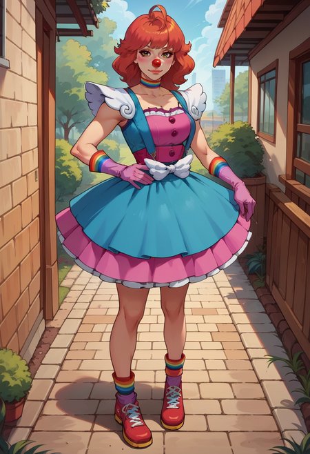 absurdres,high quality,score_9, score_8_up, score_7_up, score_6_up, score_5_up, score_4_up, BREAK source_anime, <lora:edgClussyPonyv1:1> wearing edgClussy, red clown nose  skirt around ankles