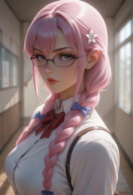 masterpiece,looking at viewer,solo,school_uniform,<lora:Rika Illustrious v1:1> rika, glasses, pink hair, braid, hair bow, brown eyes,