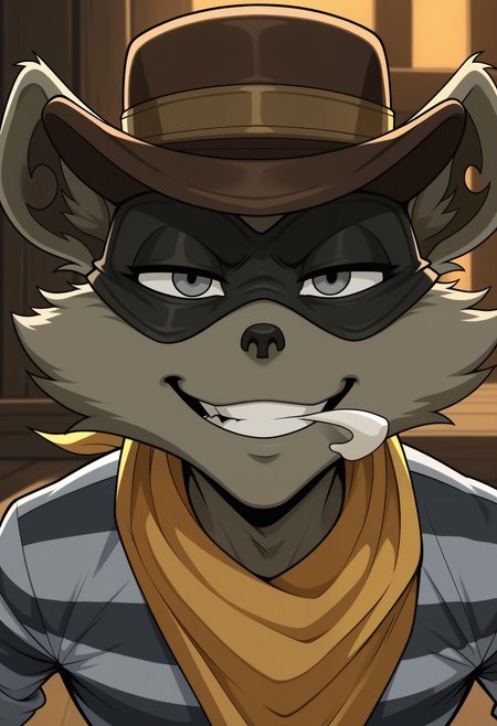 masterpiece,best quality,amazing quality, 1boy, solo, t3nn3ss33, raccoon boy, grey fur, grey eyes, eye mask, cowboy hat, scarf, jail shirt, close up, white object in mouth, smile, cocky, 
