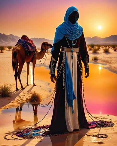 male hooded human sorcerer standing at a desert oasis, velvet, chains, water, reflections, sunset hour, intense colors, high contrast, camels, Bedouin warriors, <lora:add-detail-xl:1.0>,  <lora:xl_more_art-full_v1:0.4>,  <lora:XSfenlie:1> fenliexl, <lora:lora:1>, realistic photo