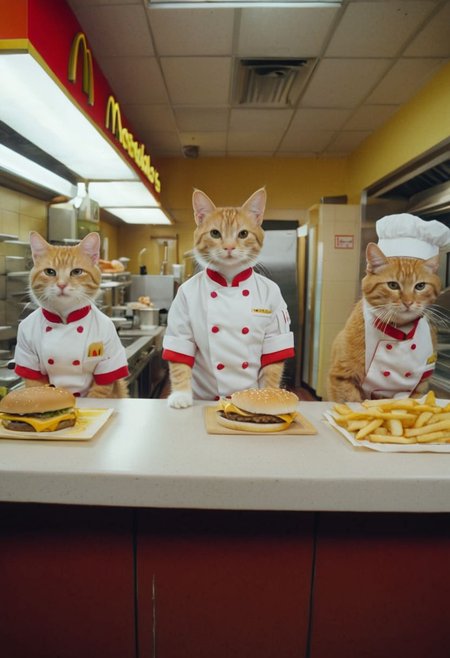 A McDonald's restaurant interior shot run by anthropomorphic cute little cats wearing McDonald's CHEF themed kitchen clothes, serving Cheeseburgers all in Wes Anderson cinematography.