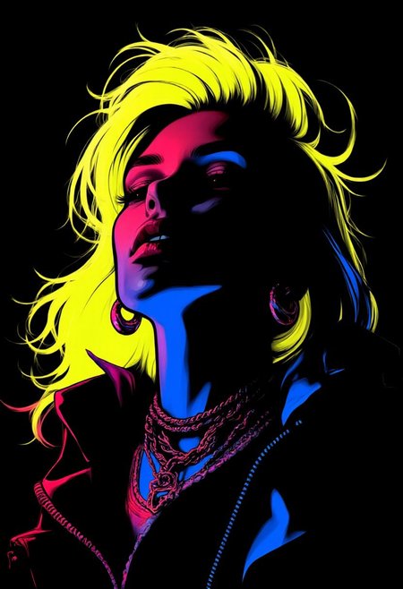Inkpunk Anime, extreme closeup portrait of a goth woman, messy straight-cut cleopatra bob, bangs, multi-tone hair (neon yellow with red and blue highlights), long earrings, necklaces, heavy make-up, red lips, dark eyeshadow, dark background, silhouetted, chiascuro