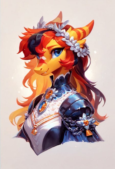 8k, score_9, score_8, score_7, velociraptor dragon, with lovely two-tone hair on her head, her hair goes down to her middle back, fur with markings, as well as beautiful eyes, solo focus, warrior princess, in knightly dress, scenic backdrop