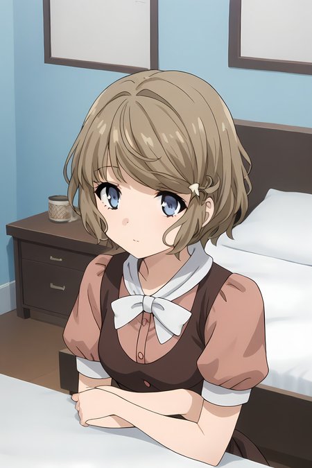 (waitress:1.50), bgs-tomoe, brown hair, short hair, blue eyes, bangs, hairclip, star necklace,
medium breasts,
1girl, solo, skinny, (source_anime, score_9, score_8_up, score_8, score_7_up), score_7, score_6_up, score_6, score_5_up, score_5, 
(:1.30),
(bedroom:1.30),
(straight-on:1.40), (:1.20),
<lora:bgs-tomoe-V01-000004:1.00>