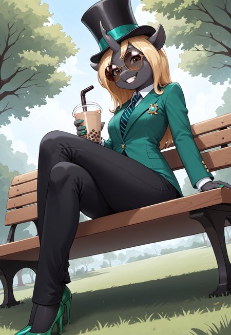 masterpiece, score_9_up, score_8_up, score_7_up, score_6_up, source_pony, (best quality:1.1), ultra-detailed, high resolution, solo, highly detailed macro illustration BREAK 1girl, (Helvia), changeling queen oc, anthro, black skin, shiny skin, long blonde mane, (brown eyes), look at viewer, (round sunglasses:1.4), crooked horn, ears, slim body, (sly expression, evlil face:1.3), grin, fang out BREAK green suit, green nails, gold brooch, black pants, long top hat, necktie, (dark socks:1.3), (green high heels:1.4) BREAK close-up, from below, sitting on bench, legs crossed, (holding bubble tea:1.3) BREAK outside, green park, trees, grass, day, sunny BREAK sharp focus, perfect lighting, anatomically correct, extremely detailed, high detail, detailed background, OverallDetail, zPDXL3  