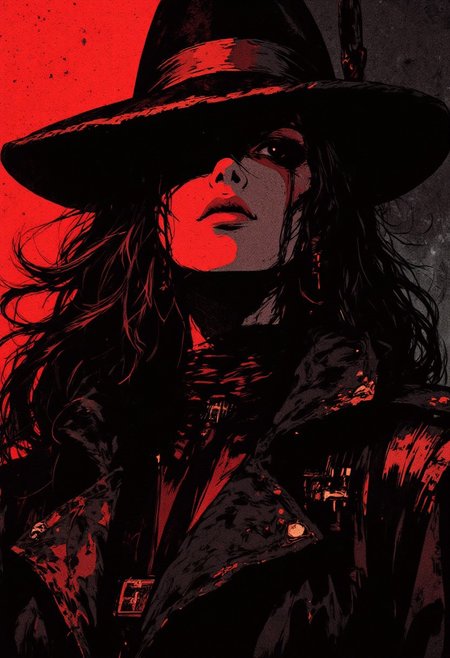 in the style of cksc,, cowboy shot of cyberpunk female warrior, long hair, make-up, red lips, dark abstract background, silhouetted, chiascuro, light hitting one side of face, the other side in darkness, direct gaze