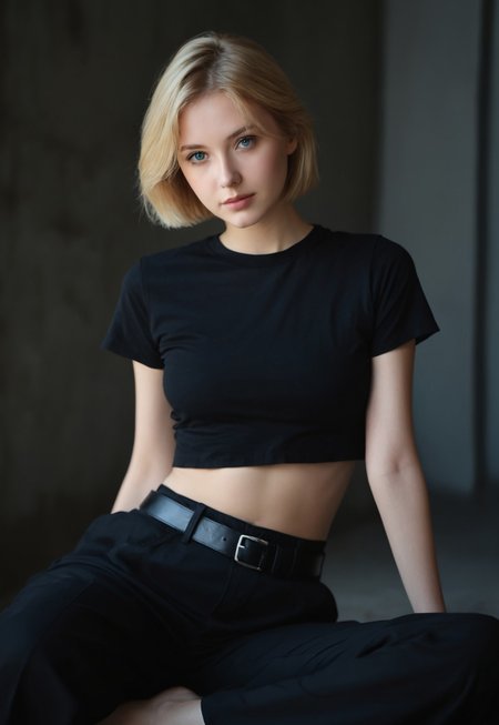 Score_9, score_8_up, score_8, dark theme, RSWMN, Russian woman, 1girl, solo, pants, belt, shirt, black shirt, blonde hair, looking at viewer, sitting, black pants, short hair, blue eyes, short sleeves, realistic, blurry, black belt, lips, midriff peek, blurry background, midriff