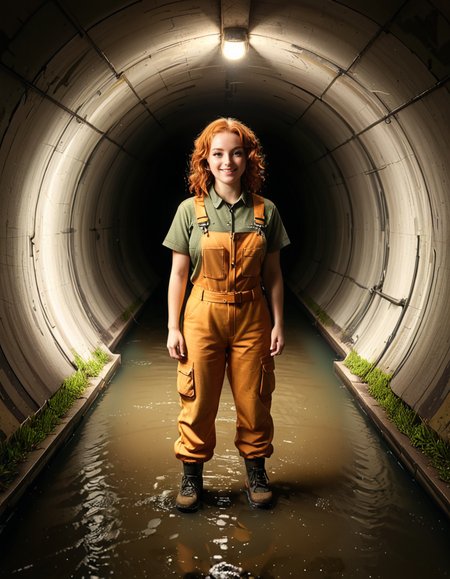 A young woman, April O'Neil, stands confidently in front of a large, circular sewer pipe,L4rg3 s3w3r p1p3. She has vibrant red, shoulder-length wavy hair and wears her iconic bright yellow jumpsuit with utility-style details, such as rolled-up sleeves and visible pockets. A brown utility belt is fastened around her waist. She holds a microphone or a small camera in one hand, highlighting her role as a journalist. Her expression is determined and slightly smiling, radiating courage and curiosity.
The sewer pipe behind her is massive and weathered, with green moss and moisture stains around its edges. The interior of the pipe is dark and shadowy, while the exterior is illuminated by soft natural light. There is a small puddle of water or wet ground in front of the pipe, reflecting faint light.
The background features an urban, industrial setting with worn brickwork surrounding the sewer opening, showing signs of age and decay. Small wild plants and grass grow around the base, adding a touch of nature to the scene.
The lighting is soft and dramatic, with natural sunlight streaming in and casting gentle reflections on the ground and inside the pipe. The image is styled as a semi-realistic illustration with vivid, bright colors for April O'Neil, contrasting with the muted, earthy tones of the background. The overall mood is adventurous and cinematic.<lora:SDXLFaeTastic2400:0.4> <lora:extremely_detailed:0.4> extremely detailed, <lora:L4rg3_s3w3r_p1p3:1>, Masterpiece,best quality,hi res,8k,hi res,8k,award winning,(sharp focus, intricate, highly detailed),